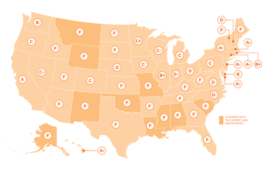 Color-coded map of USA showing open carry laws by state